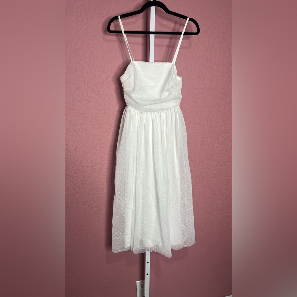 Lulus-Darling Sweetheart White Swiss Dot Ruched Midi Dress - Picture 5 of 5